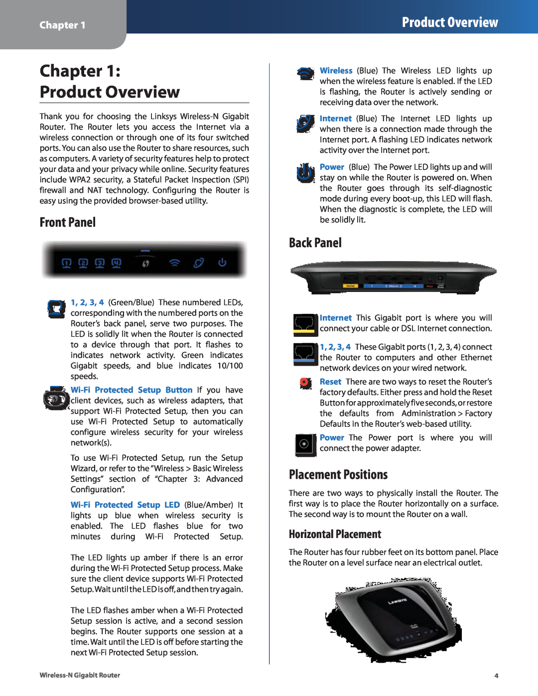 Linksys WRT310N manual Chapter Product Overview, Front Panel, Back Panel, Placement Positions, Horizontal Placement 