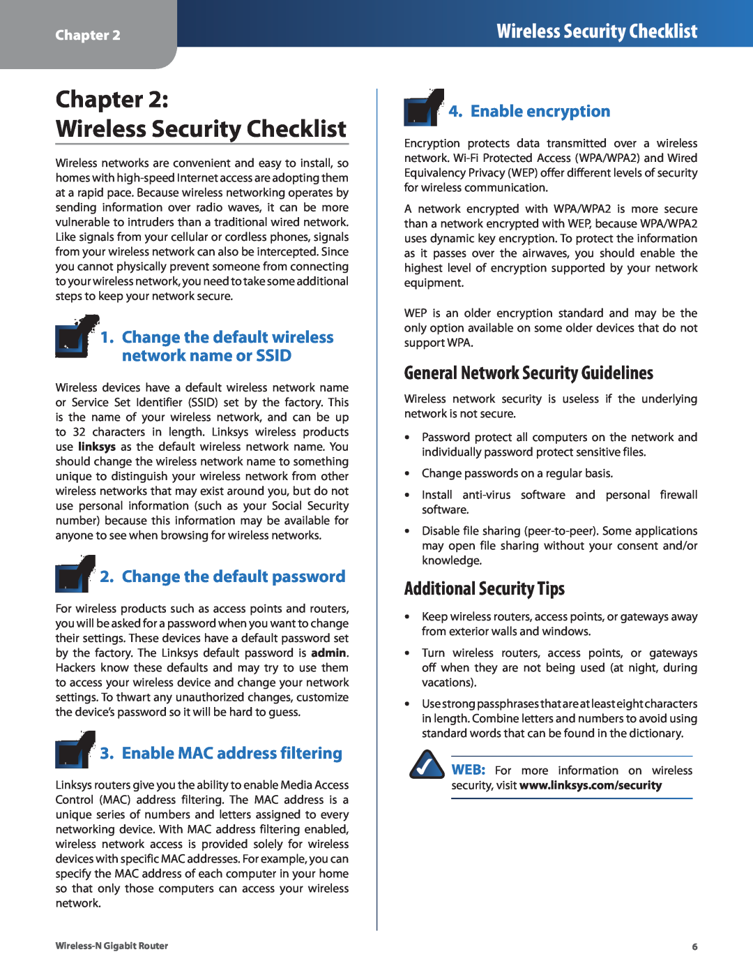 Linksys WRT310N manual Chapter Wireless Security Checklist, General Network Security Guidelines, Additional Security Tips 