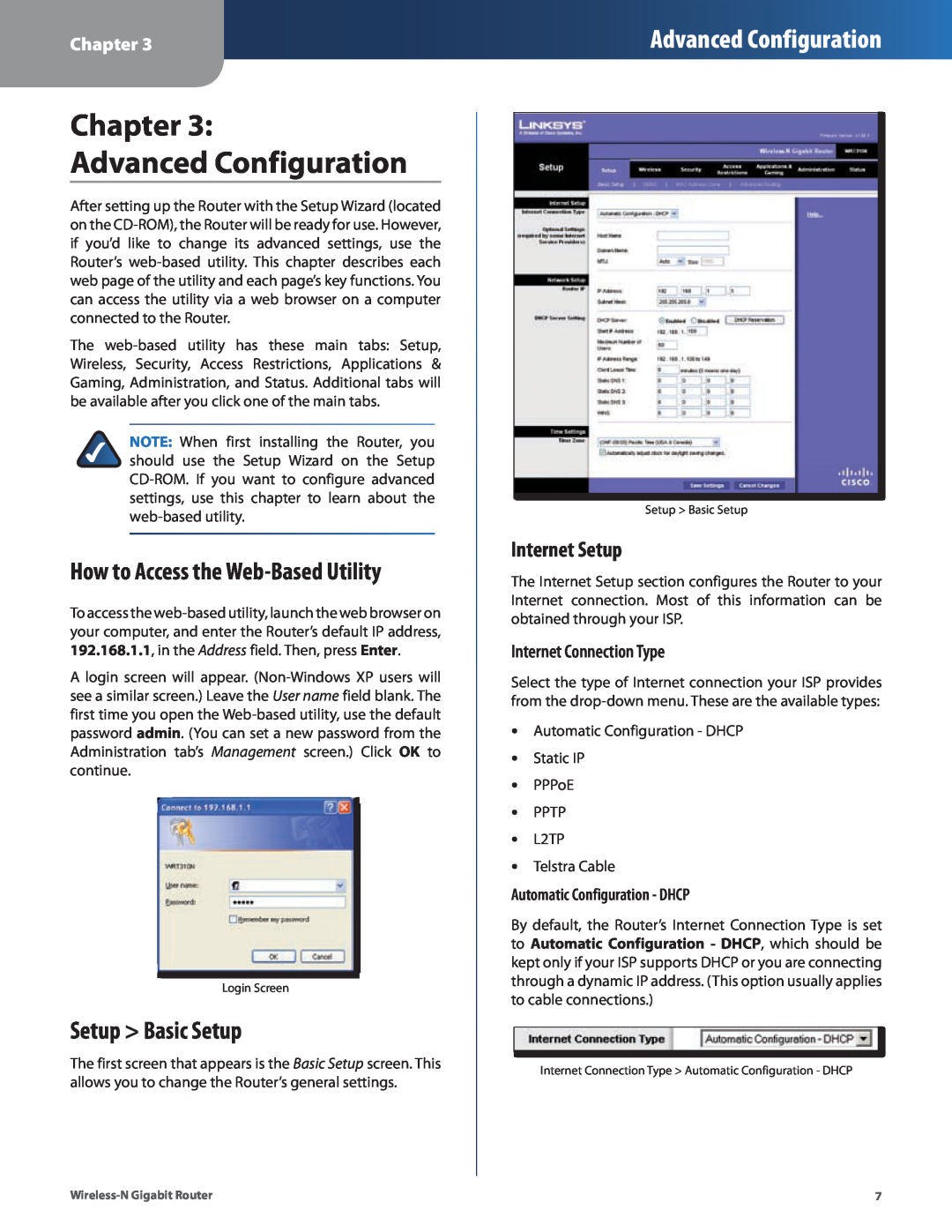 Linksys WRT310N Chapter Advanced Configuration, How to Access the Web-Based Utility, Setup Basic Setup, Internet Setup 