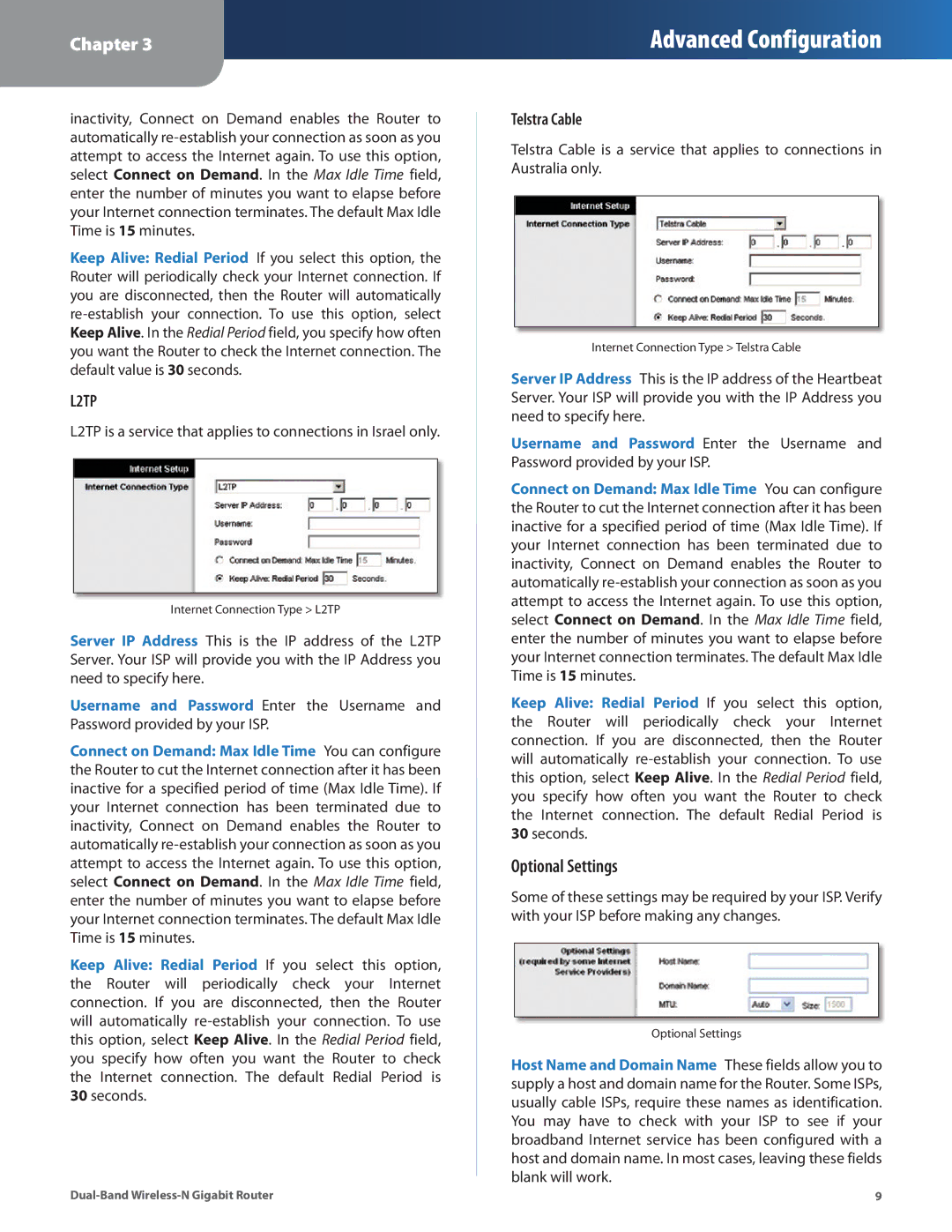 Linksys WRT320N manual Optional Settings, Telstra Cable 