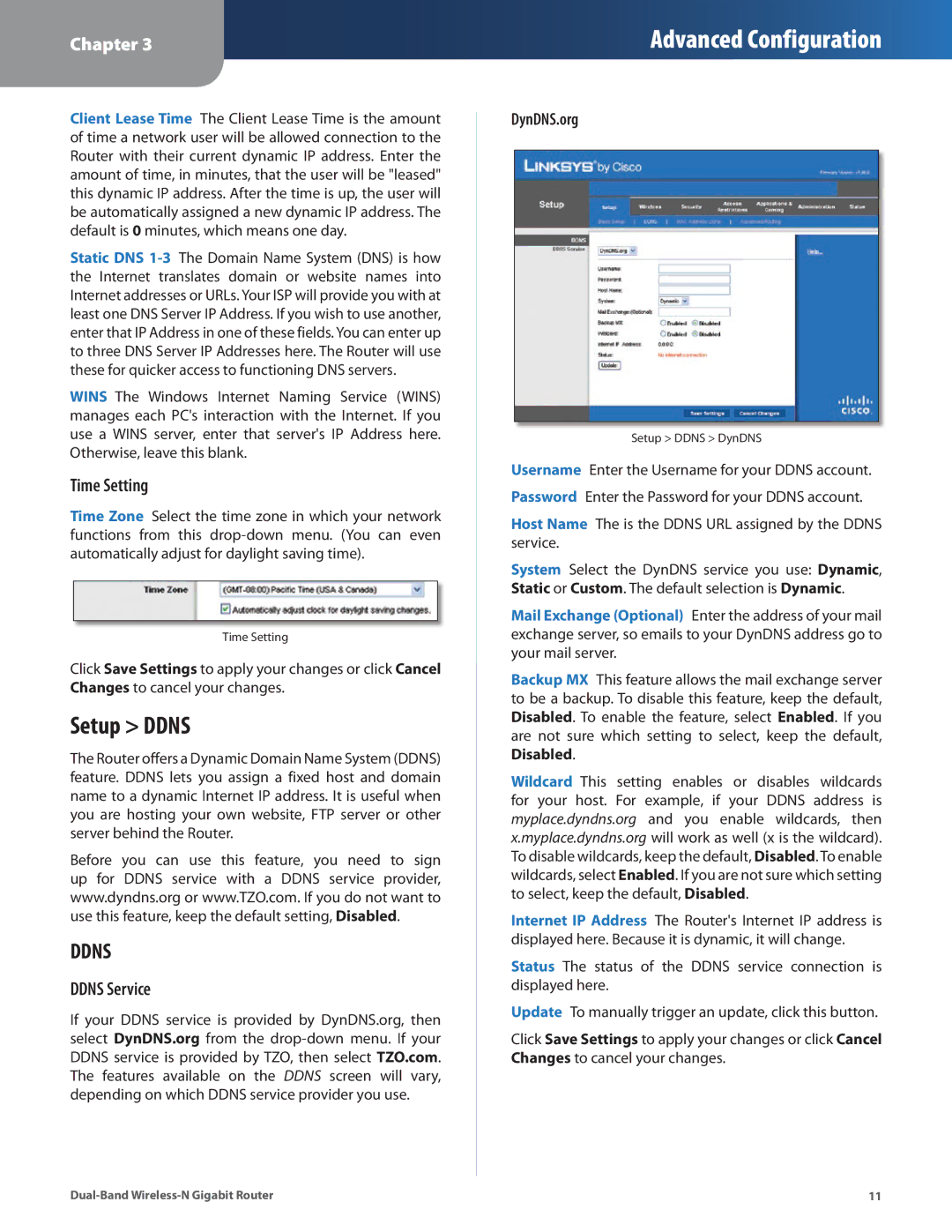 Linksys WRT320N manual Setup Ddns, Time Setting, Ddns Service, DynDNS.org 