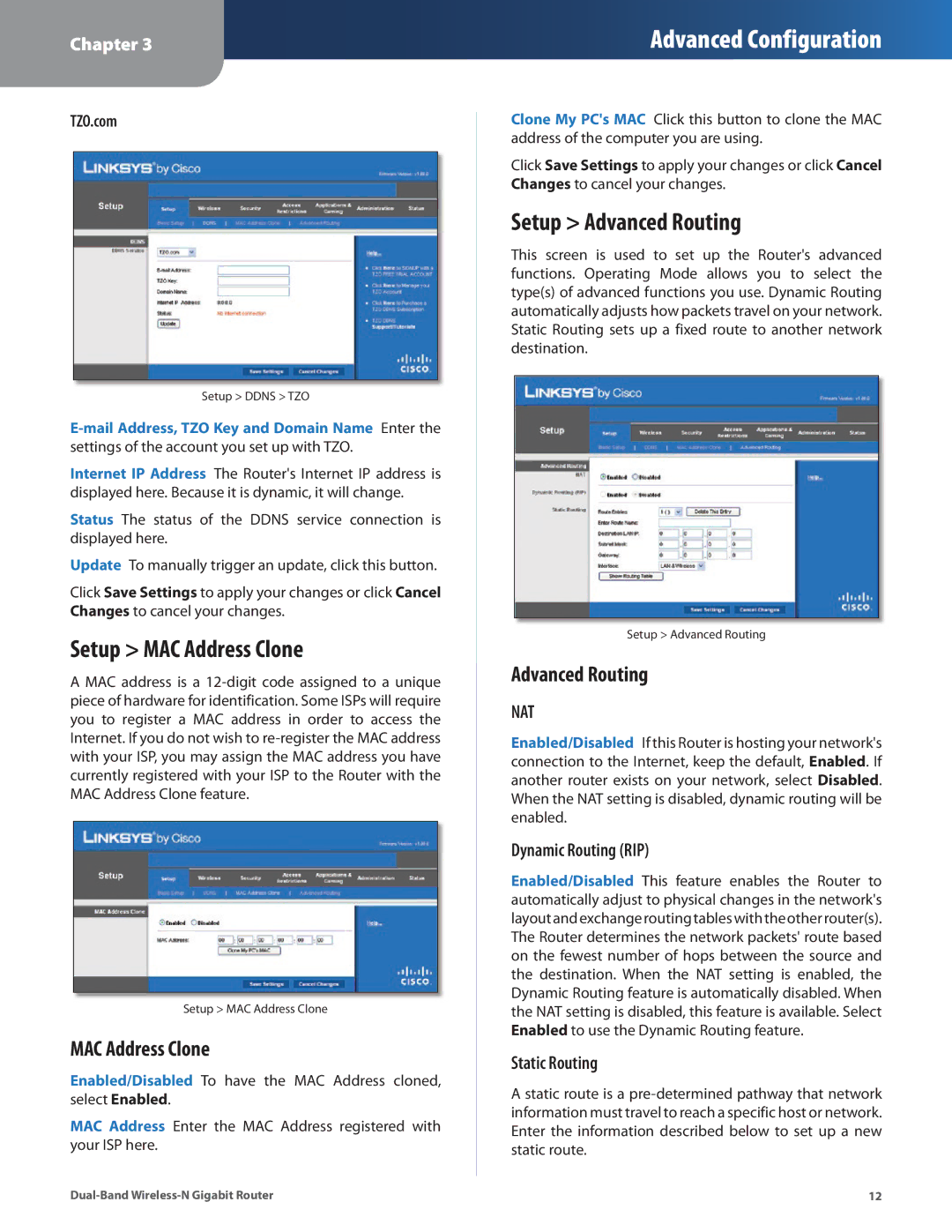 Linksys WRT320N manual Setup MAC Address Clone, Setup Advanced Routing 