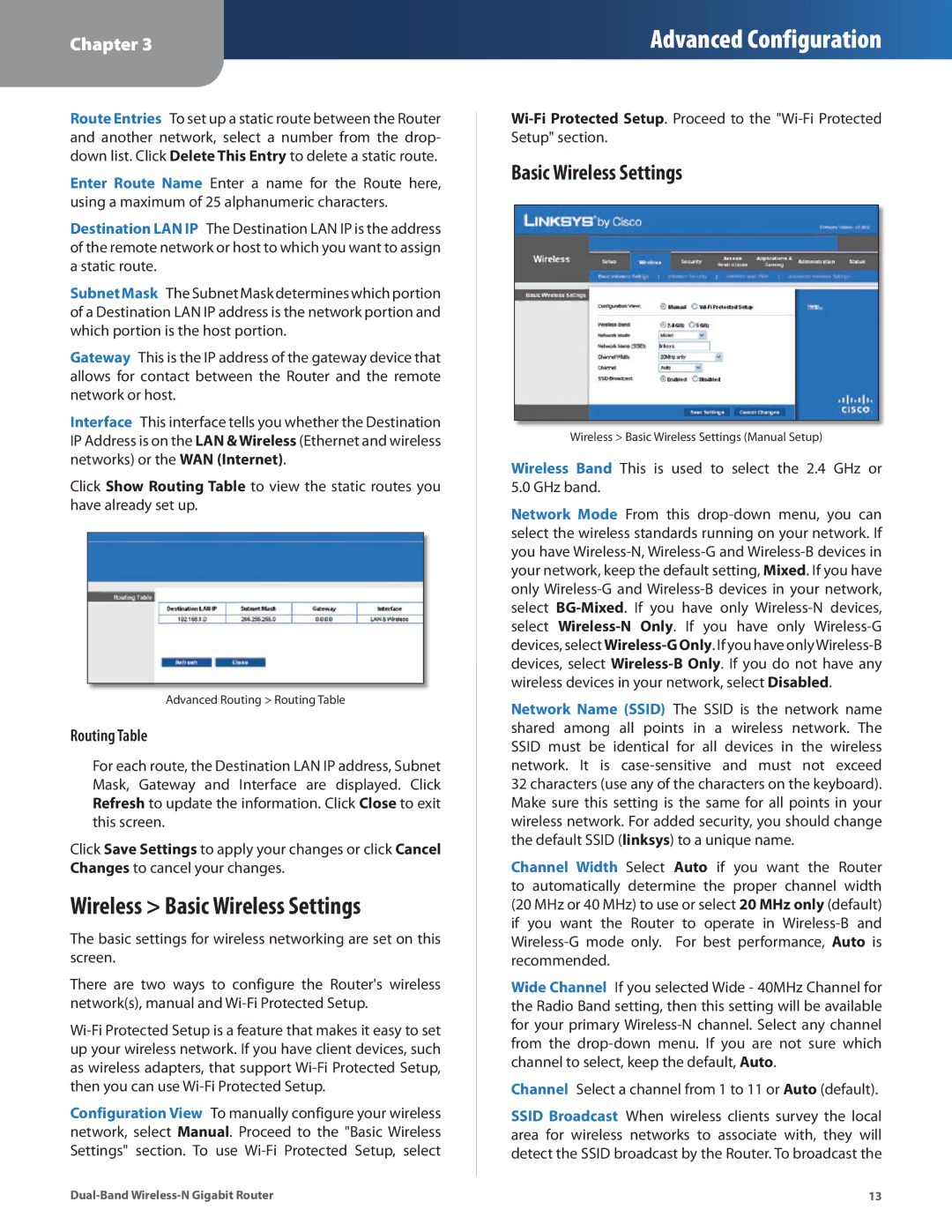 Linksys WRT320N manual Wireless Basic Wireless Settings, Routing Table 