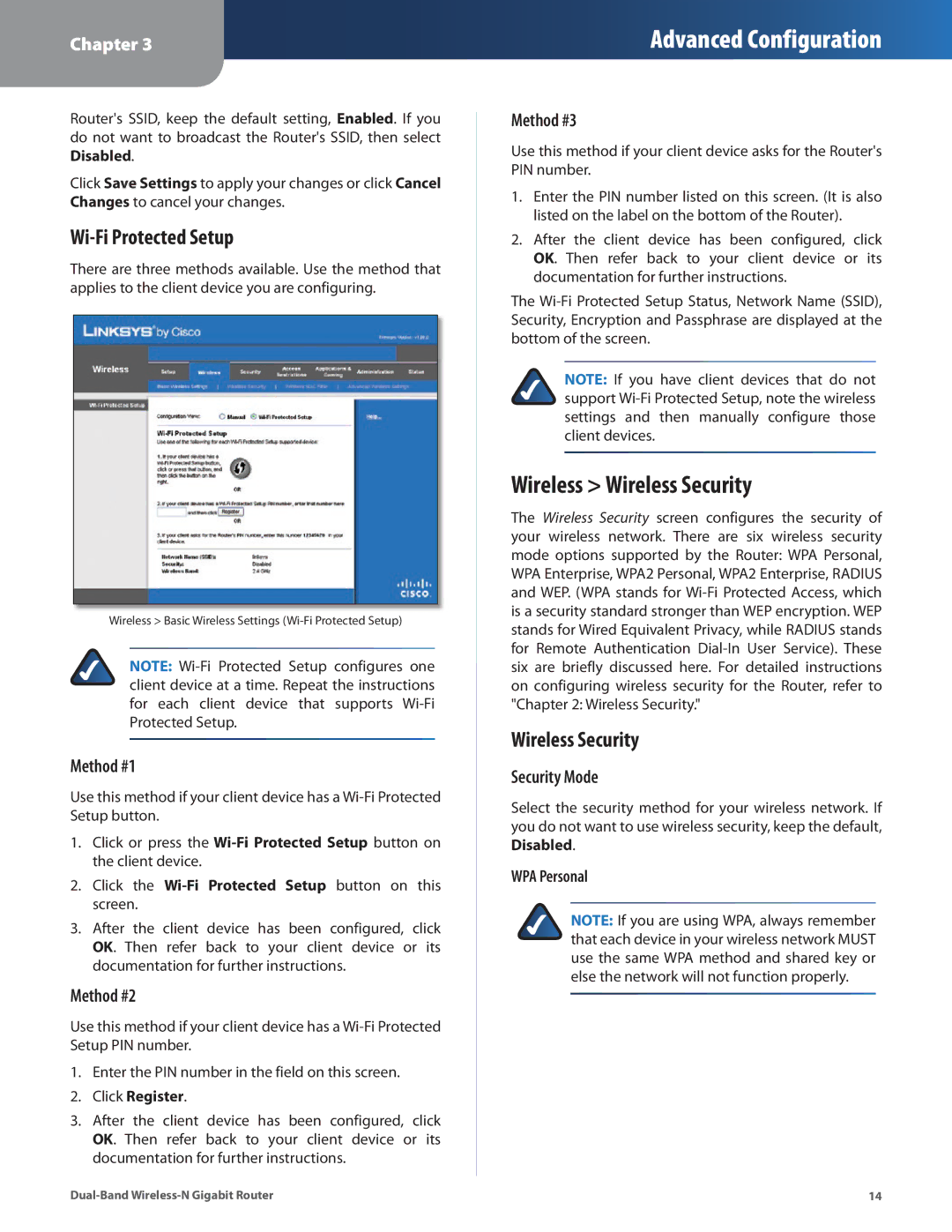 Linksys WRT320N manual Wireless Wireless Security, Wi-Fi Protected Setup 