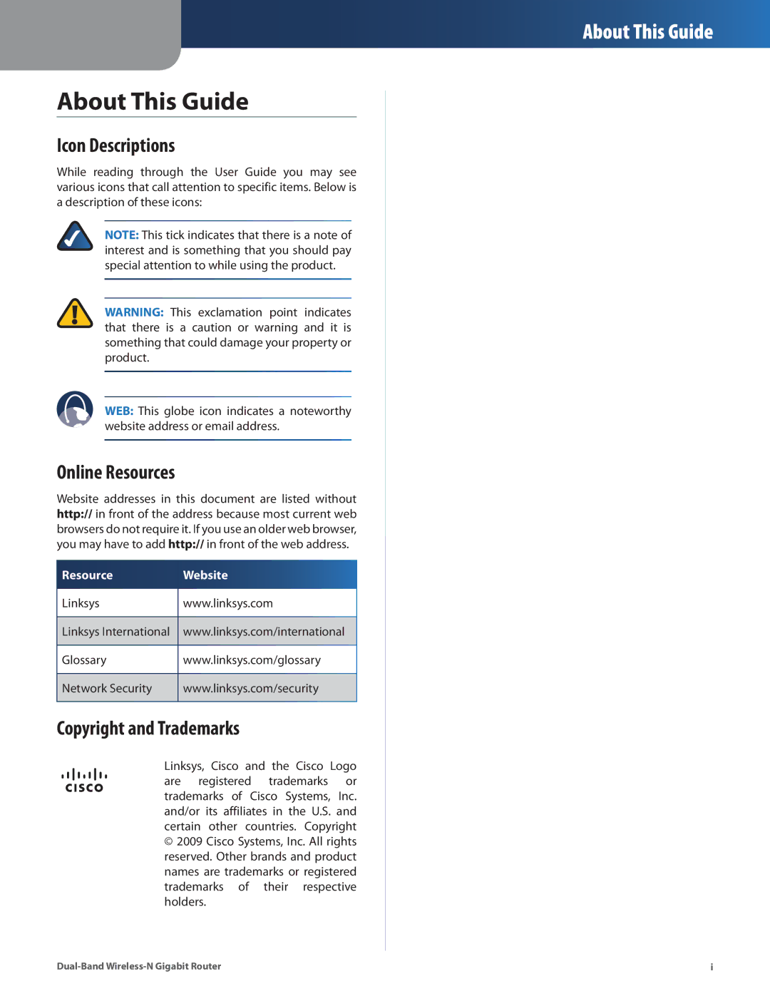 Linksys WRT320N manual Icon Descriptions, Online Resources, Copyright and Trademarks 