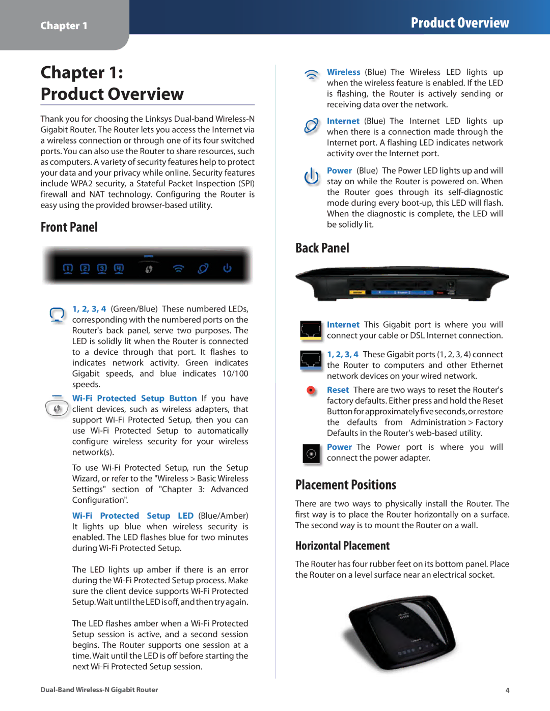 Linksys WRT320N manual Front Panel, Back Panel, Placement Positions, Horizontal Placement 