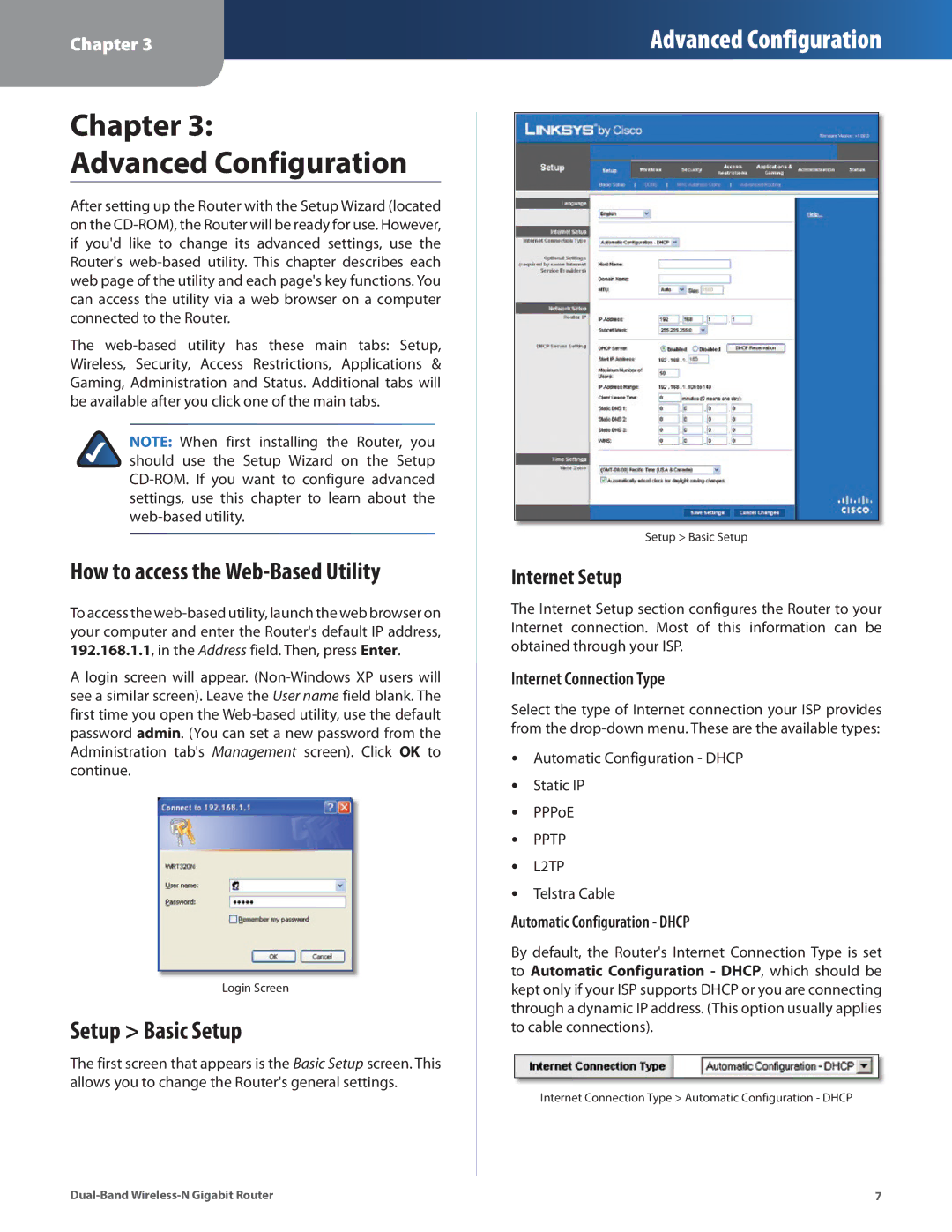 Linksys WRT320N manual How to access the Web-Based Utility, Setup Basic Setup, Internet Setup, Internet Connection Type 