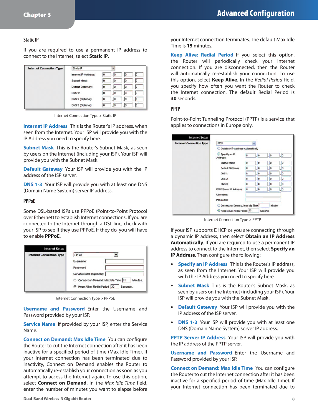 Linksys WRT320N manual Static IP, PPPoE 