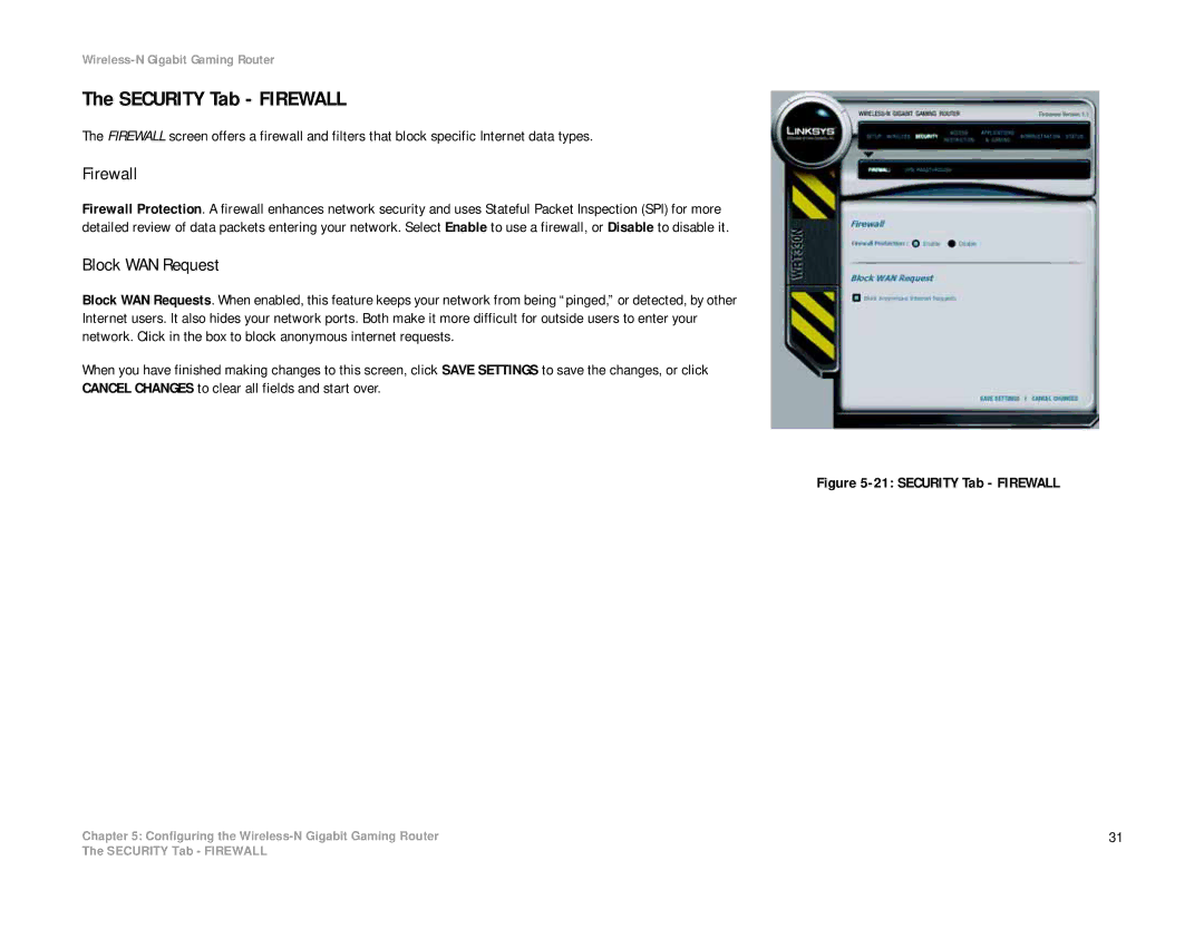 Linksys WRT330N manual Security Tab Firewall, Block WAN Request 