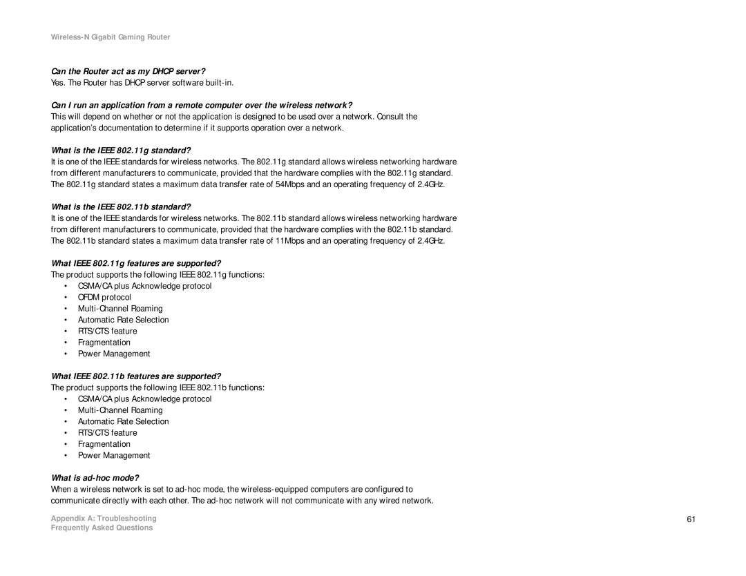 Linksys WRT330N manual Can the Router act as my Dhcp server?, What is the Ieee 802.11g standard?, What is ad-hoc mode? 