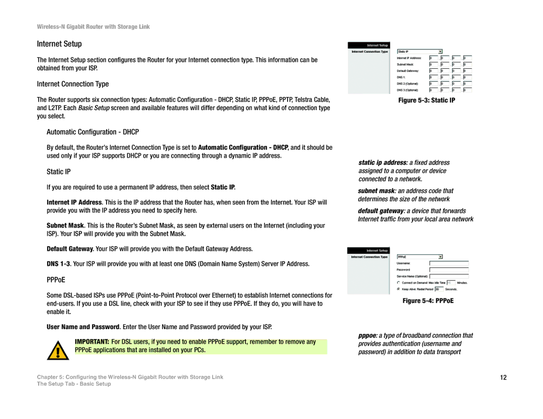 Linksys WRT350N manual Internet Setup, Internet Connection Type, Automatic Configuration Dhcp, Static IP, PPPoE 