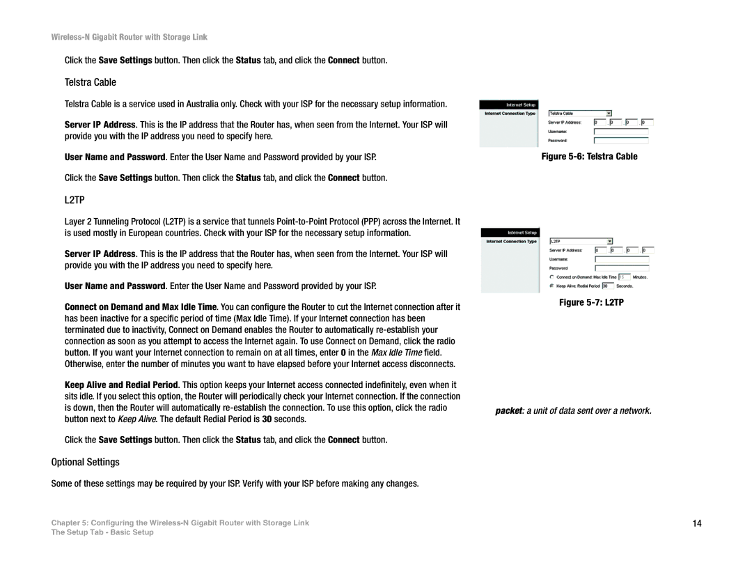 Linksys WRT350N manual Telstra Cable, Optional Settings, Packet a unit of data sent over a network 