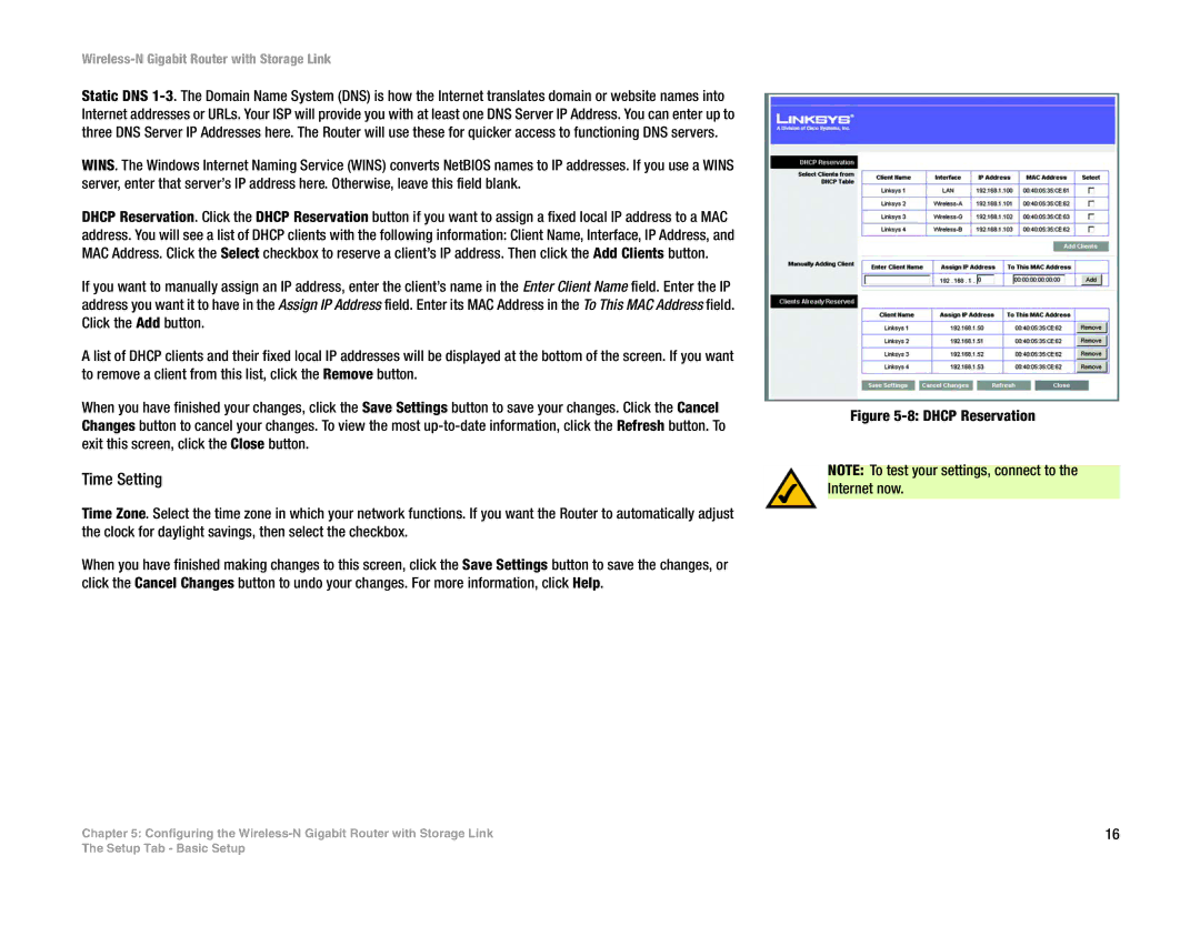 Linksys WRT350N manual Time Setting, Dhcp Reservation 