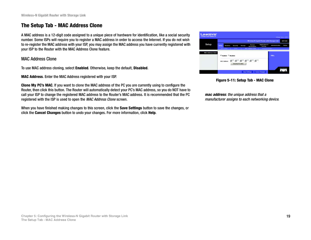 Linksys WRT350N manual Setup Tab MAC Address Clone 