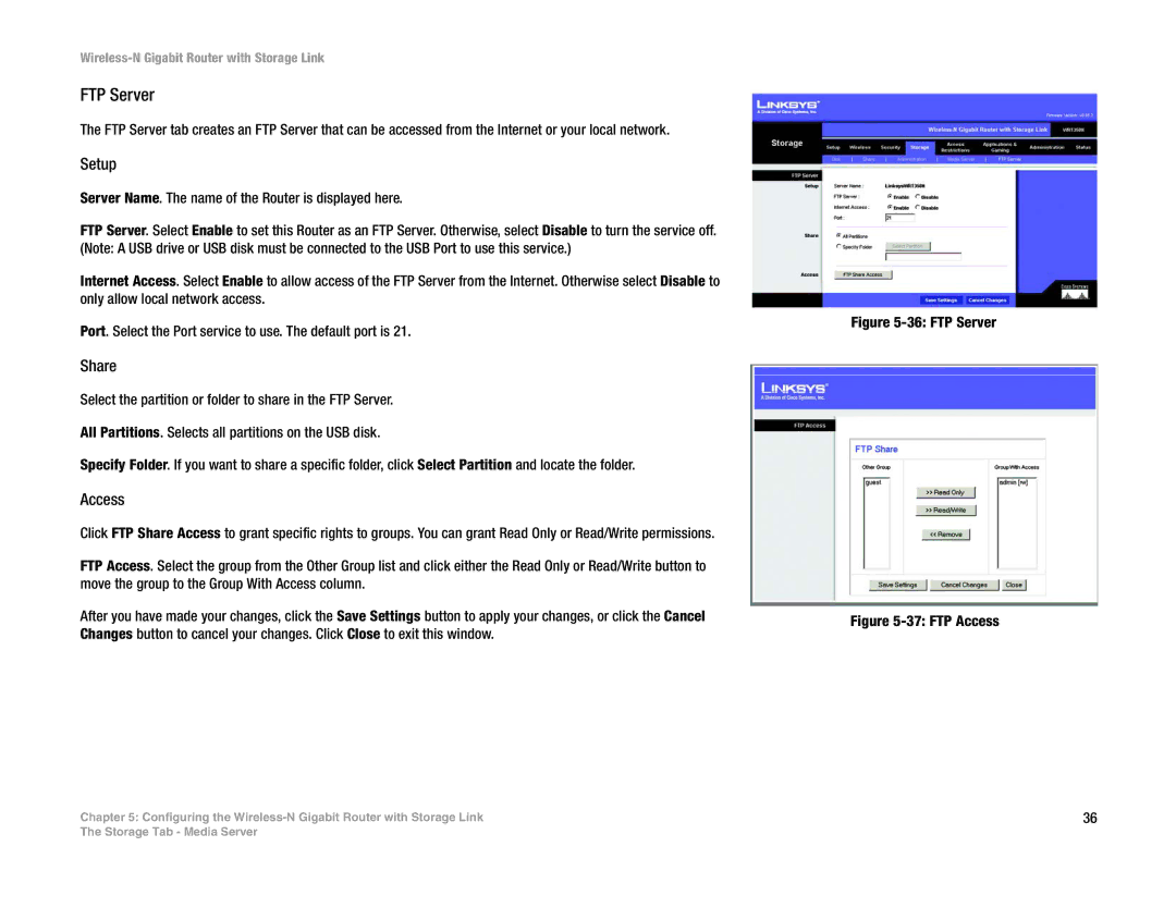 Linksys WRT350N manual FTP Server, Share, Access 