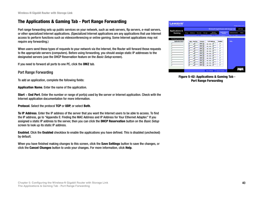 Linksys WRT350N manual Applications & Gaming Tab Port Range Forwarding 