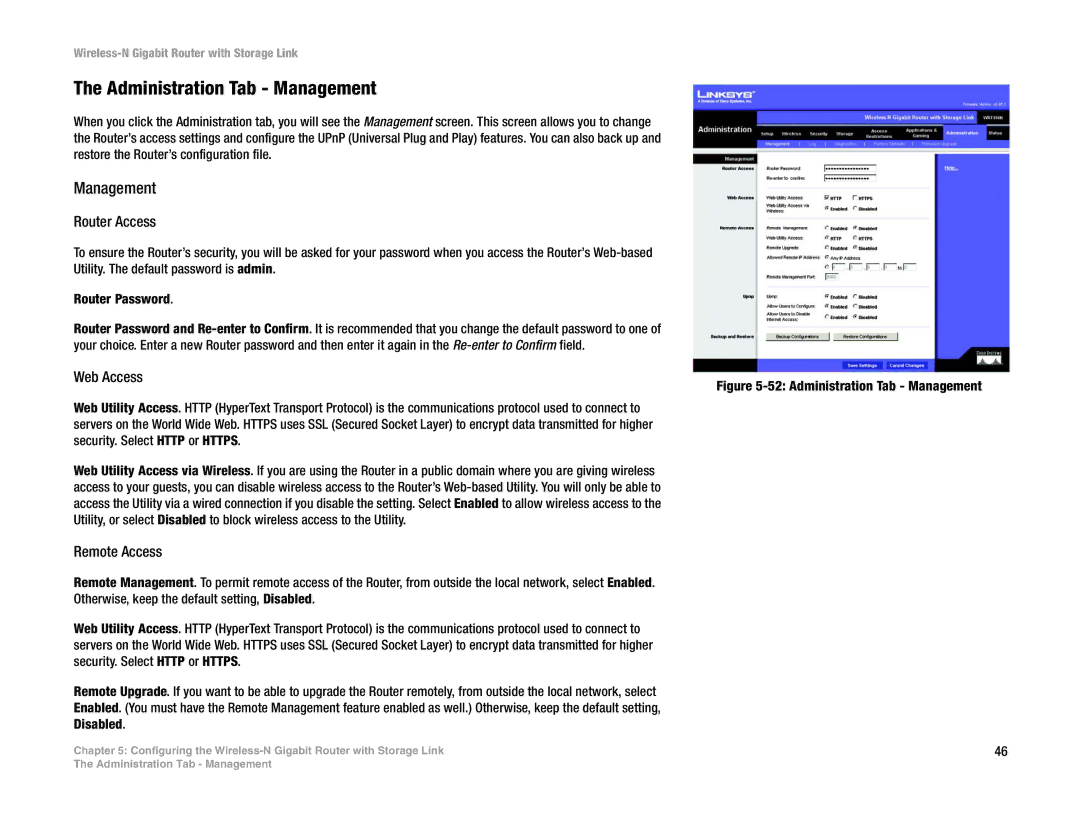 Linksys WRT350N manual Administration Tab Management, Router Access, Web Access, Remote Access 