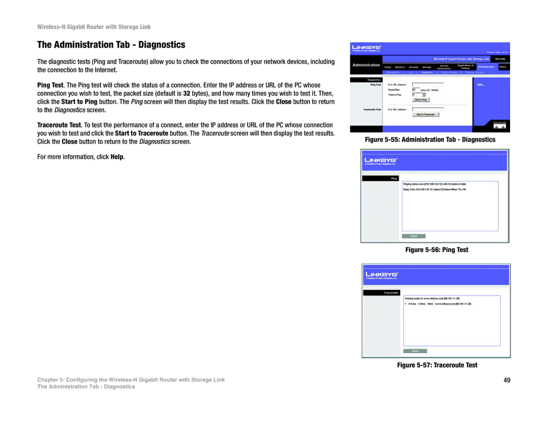 Linksys WRT350N manual Administration Tab Diagnostics 