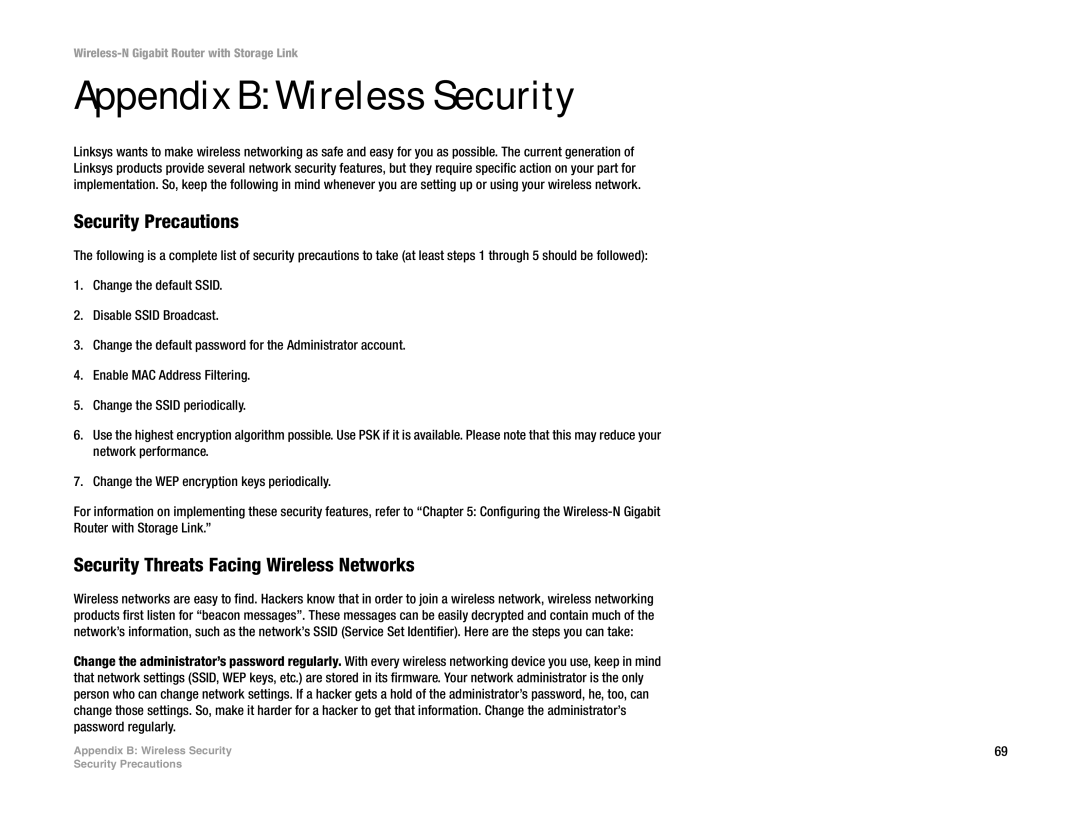 Linksys WRT350N manual Appendix B Wireless Security, Security Precautions, Security Threats Facing Wireless Networks 