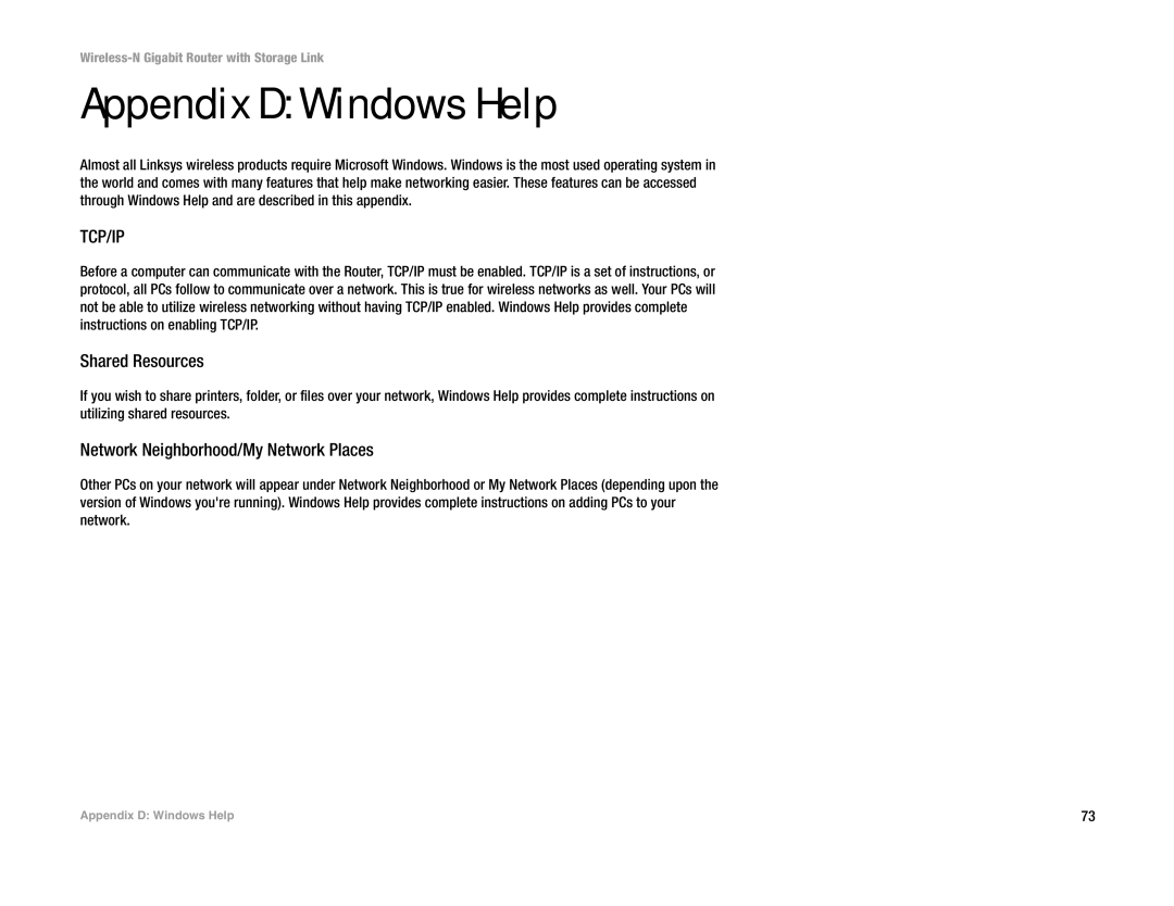 Linksys WRT350N manual Appendix D Windows Help, Shared Resources, Network Neighborhood/My Network Places 