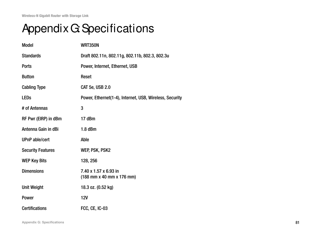 Linksys WRT350N manual Appendix G Specifications, Model 