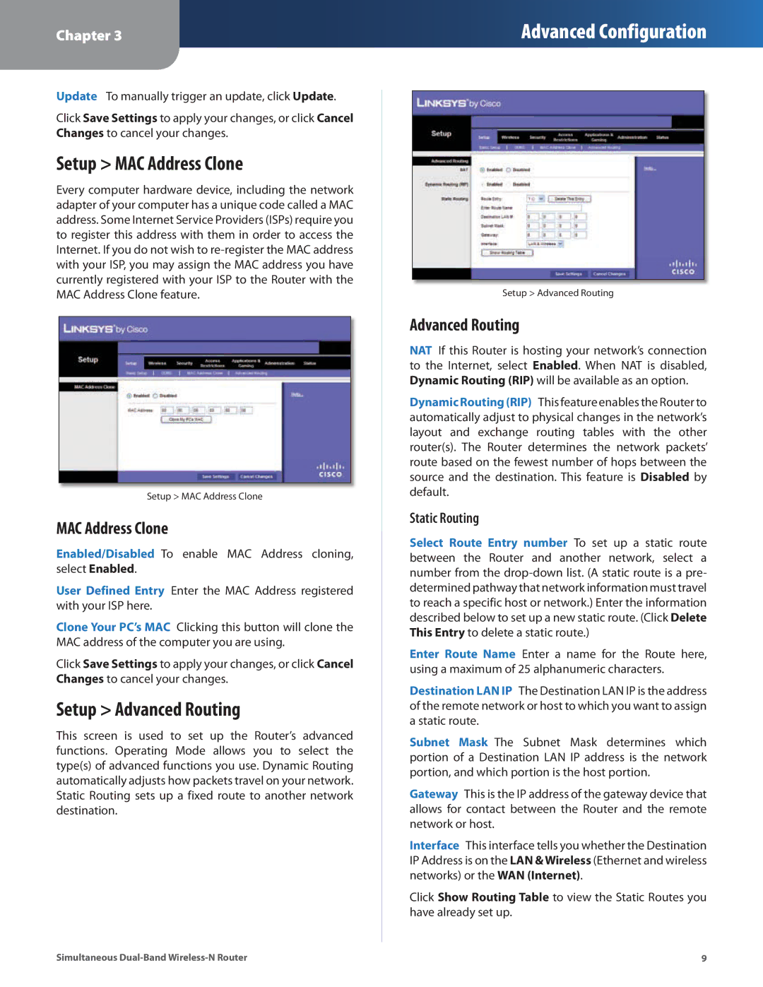 Linksys WRT400N manual Setup MAC Address Clone, Setup Advanced Routing, Static Routing 