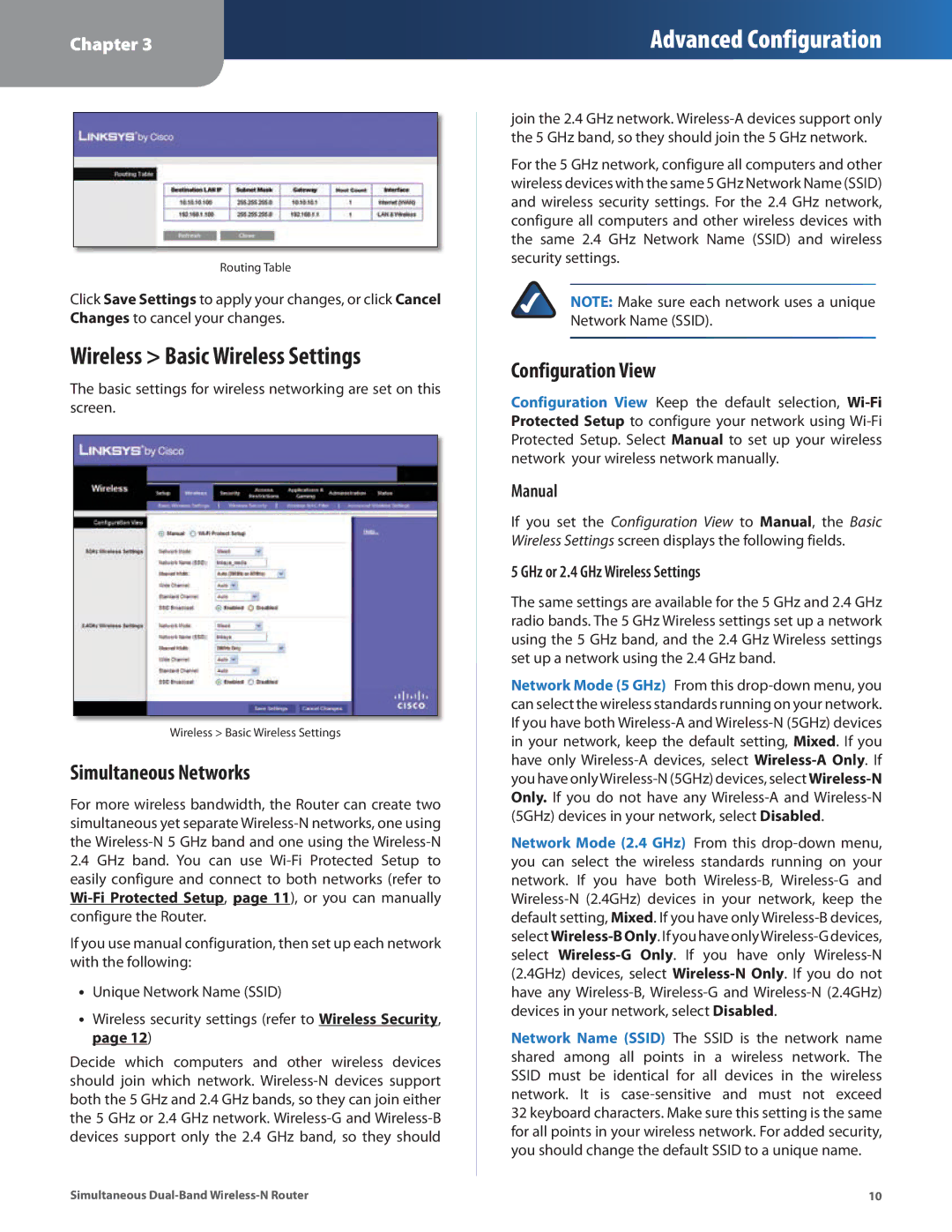 Linksys WRT400N manual Wireless Basic Wireless Settings, Simultaneous Networks, Configuration View, Manual 