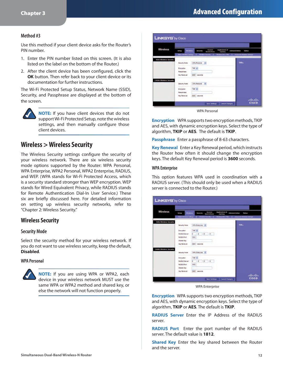 Linksys WRT400N manual Wireless Wireless Security, Method #3, Security Mode 