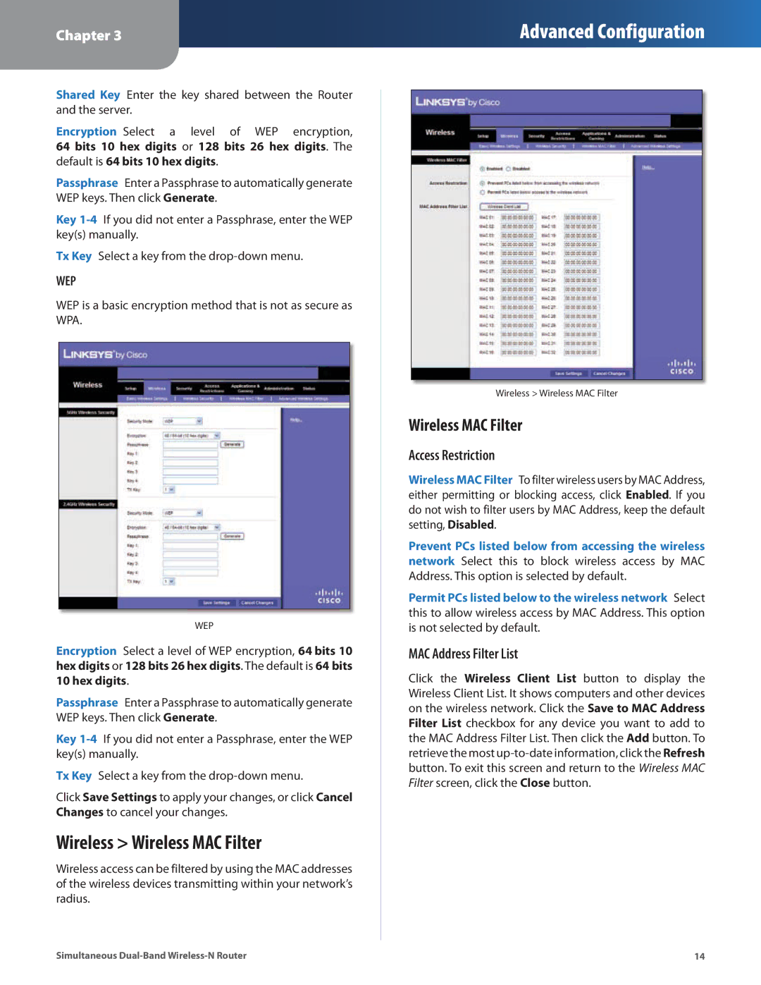 Linksys WRT400N manual Wireless Wireless MAC Filter, Access Restriction, MAC Address Filter List, Wep 