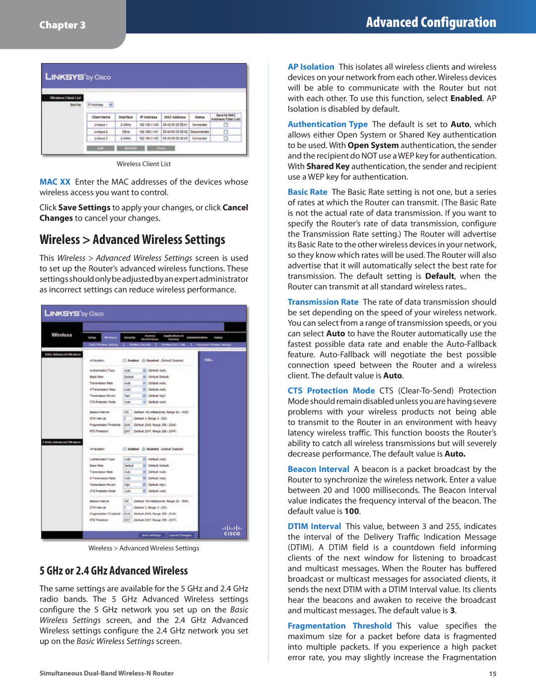 Linksys WRT400N manual Wireless Advanced Wireless Settings, GHz or 2.4 GHz Advanced Wireless 