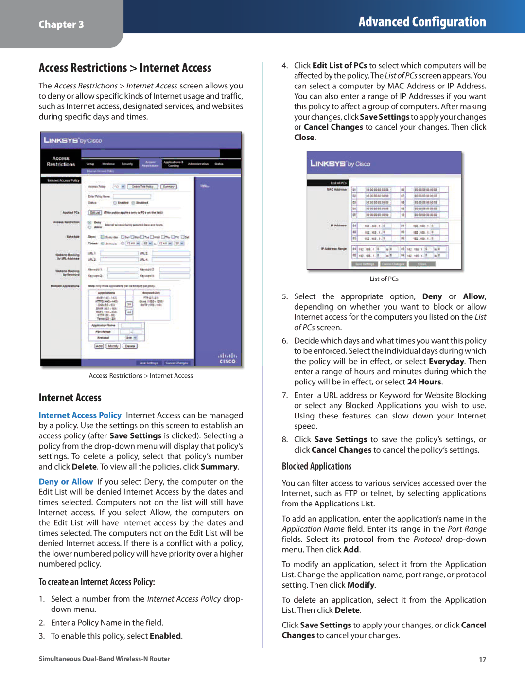 Linksys WRT400N manual To create an Internet Access Policy, Blocked Applications 