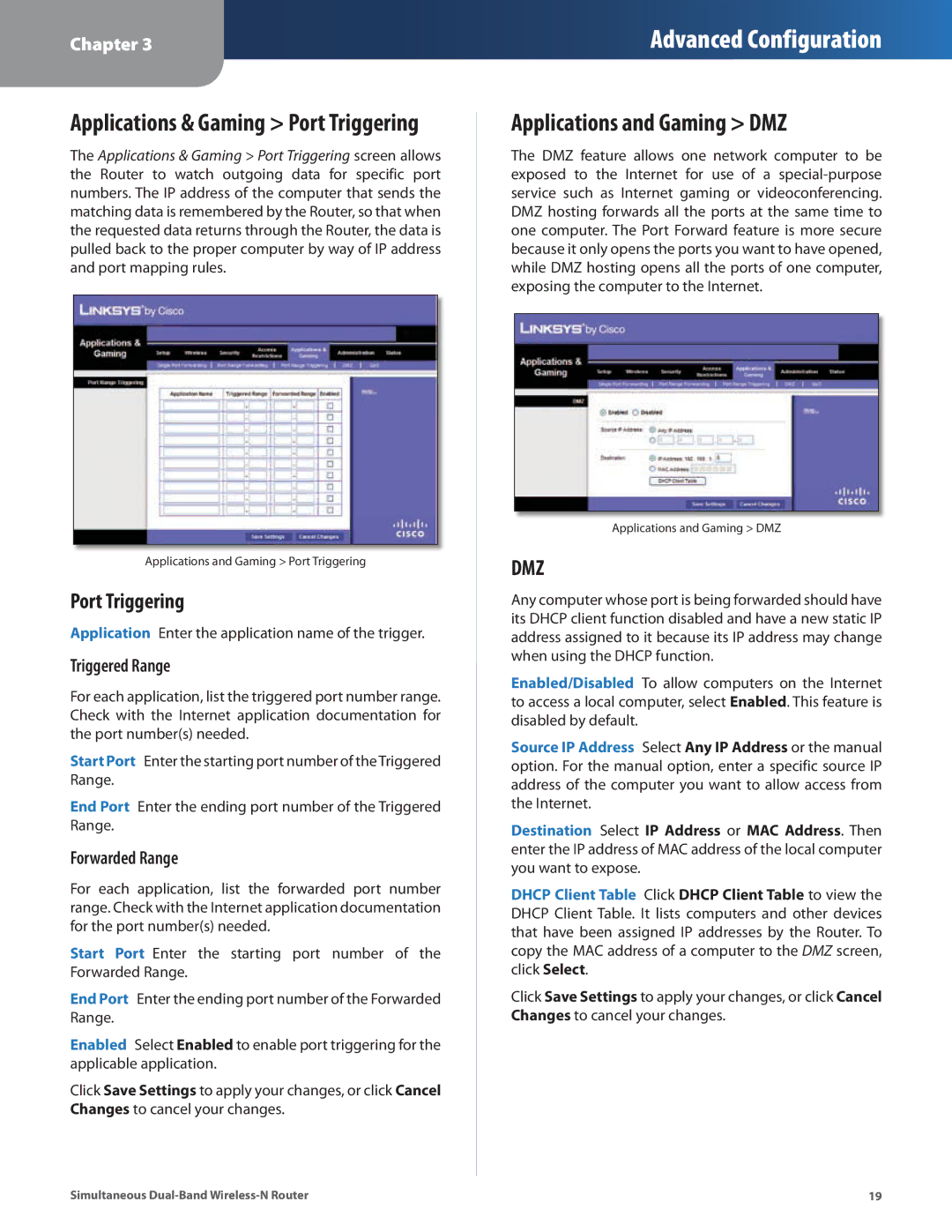 Linksys WRT400N manual Applications and Gaming DMZ, Applications & Gaming Port Triggering, Triggered Range, Forwarded Range 