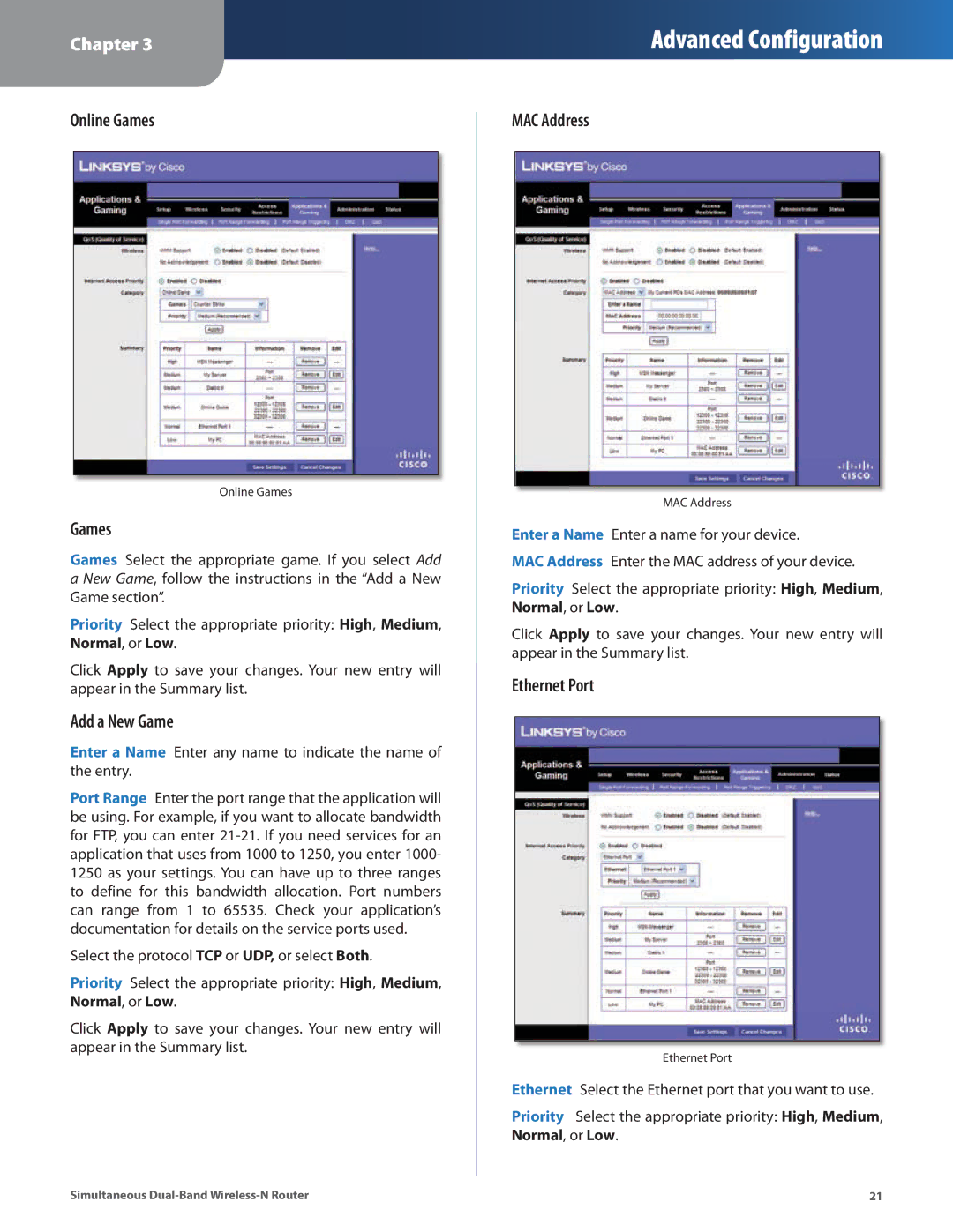 Linksys WRT400N manual Online Games MAC Address, Ethernet Port, Add a New Game 