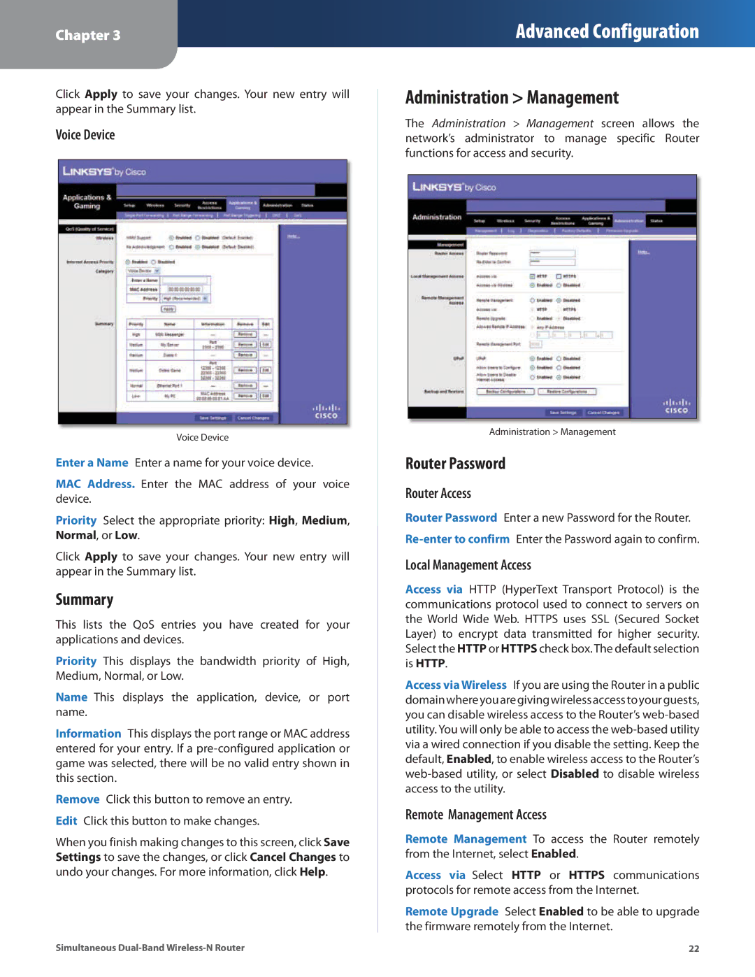 Linksys WRT400N manual Administration Management, Summary, Router Password 