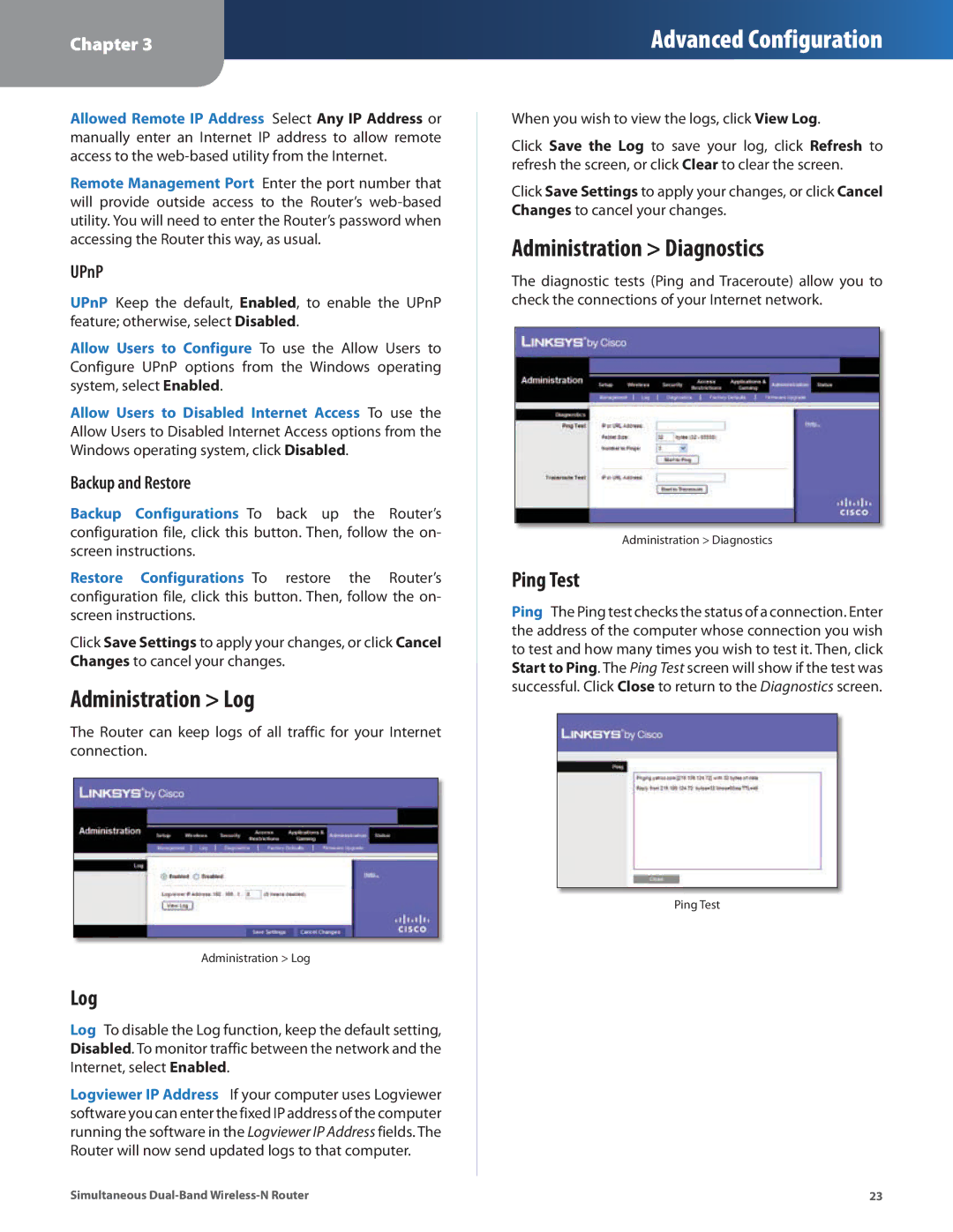 Linksys WRT400N manual Administration Log, Administration Diagnostics, Ping Test 