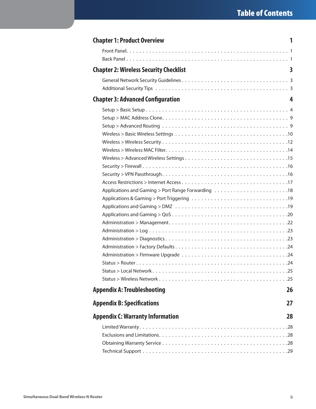 Linksys WRT400N manual Table of Contents 