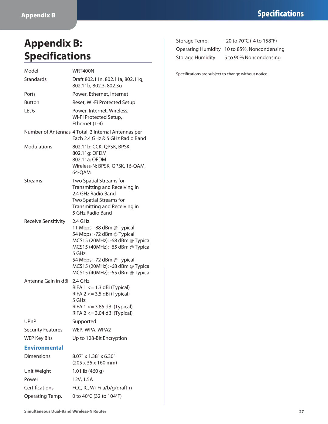 Linksys WRT400N manual Appendix B Specifications 