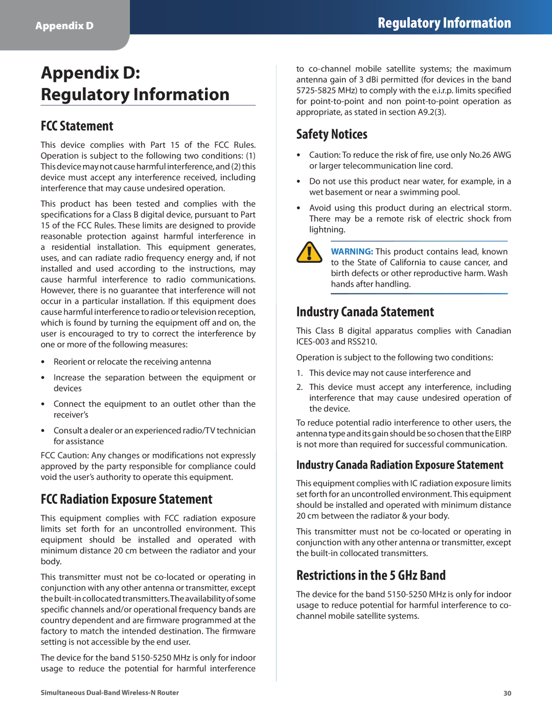 Linksys WRT400N manual FCC Statement, FCC Radiation Exposure Statement, Safety Notices, Industry Canada Statement 