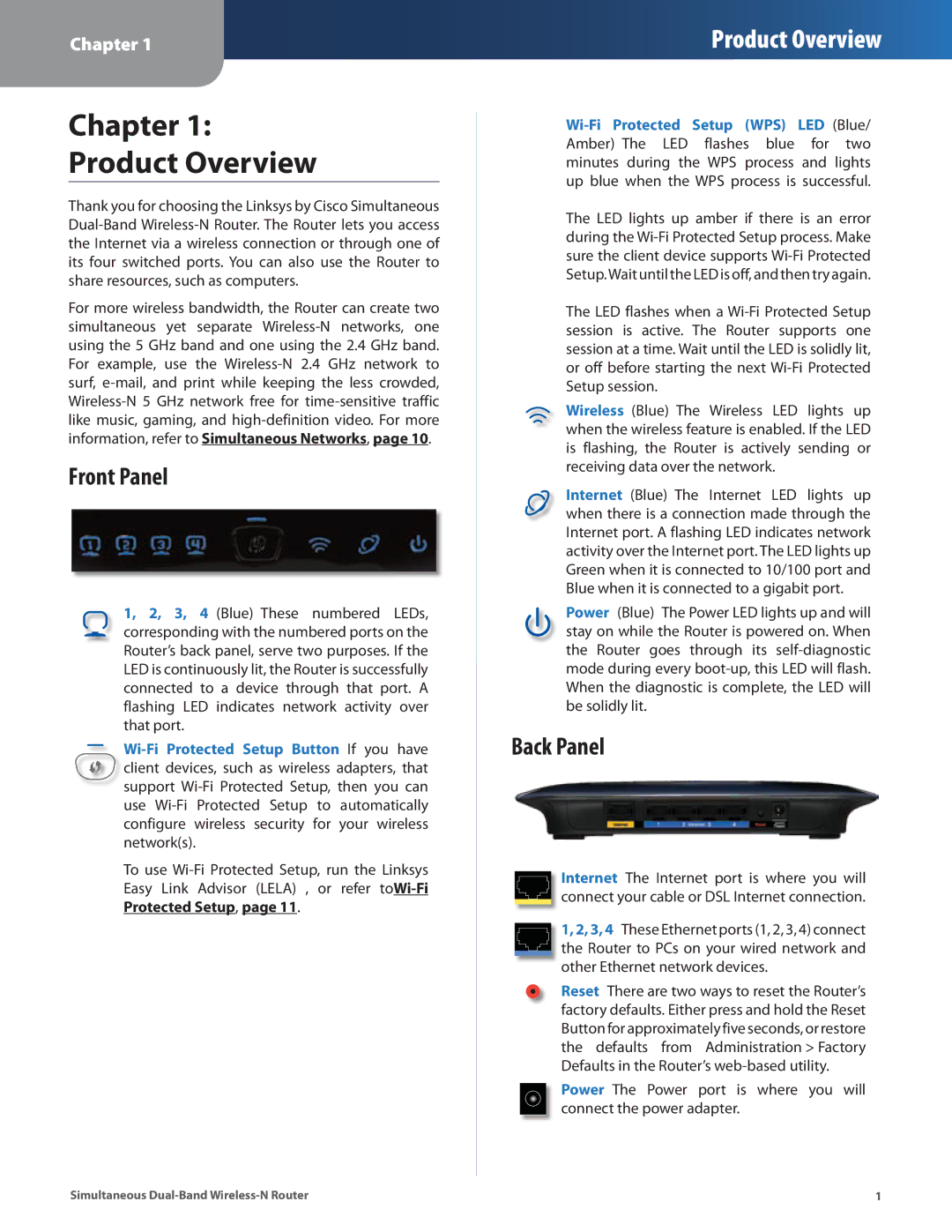 Linksys WRT400N manual Front Panel, Back Panel 