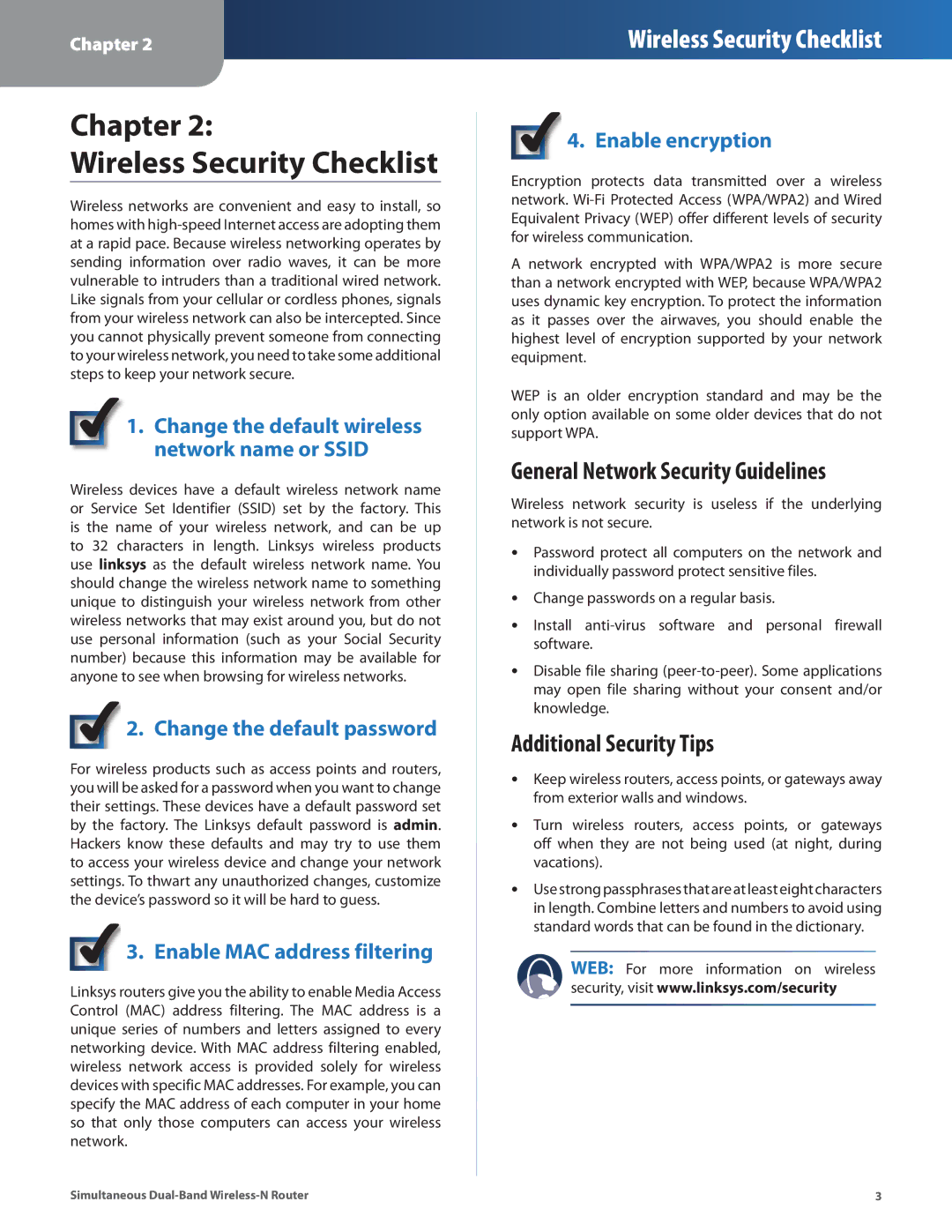 Linksys WRT400N manual General Network Security Guidelines, Additional Security Tips 