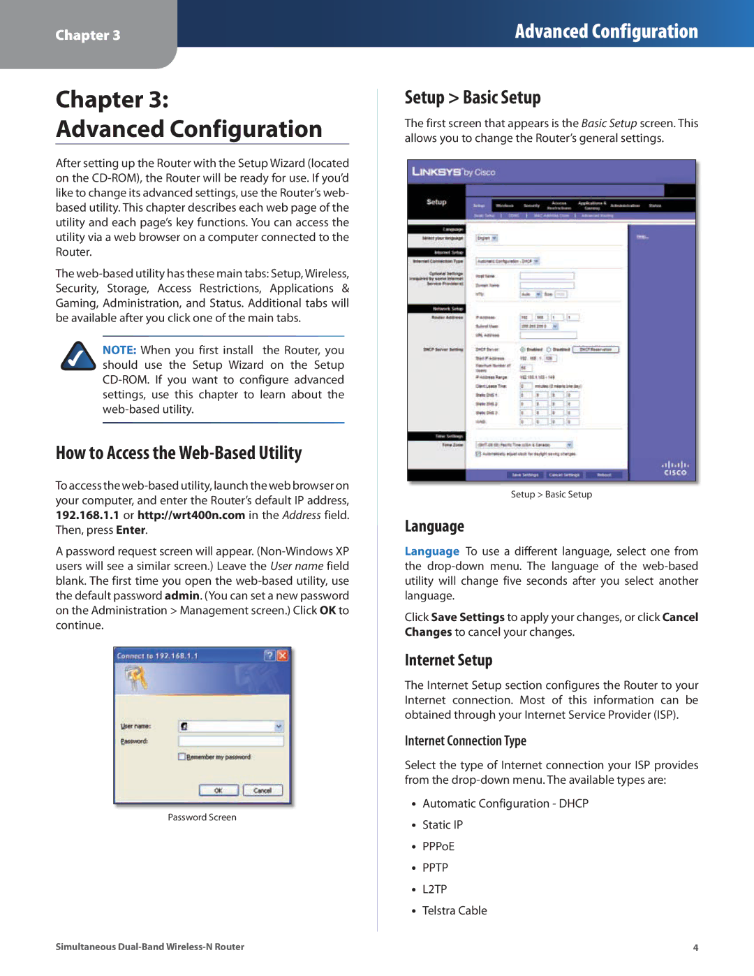 Linksys WRT400N How to Access the Web-Based Utility, Setup Basic Setup, Language, Internet Setup, Internet Connection Type 