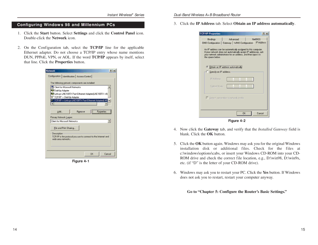 Linksys WRT51AB manual Configuring Windows 98 and Millennium PCs, Go to Configure the Router’s Basic Settings 