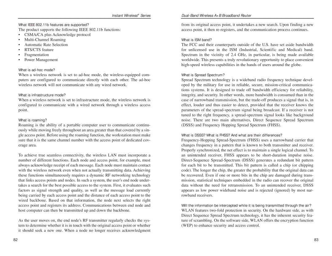 Linksys WRT51AB manual What Ieee 802.11b features are supported?, What is ad-hoc mode?, What is infrastructure mode? 