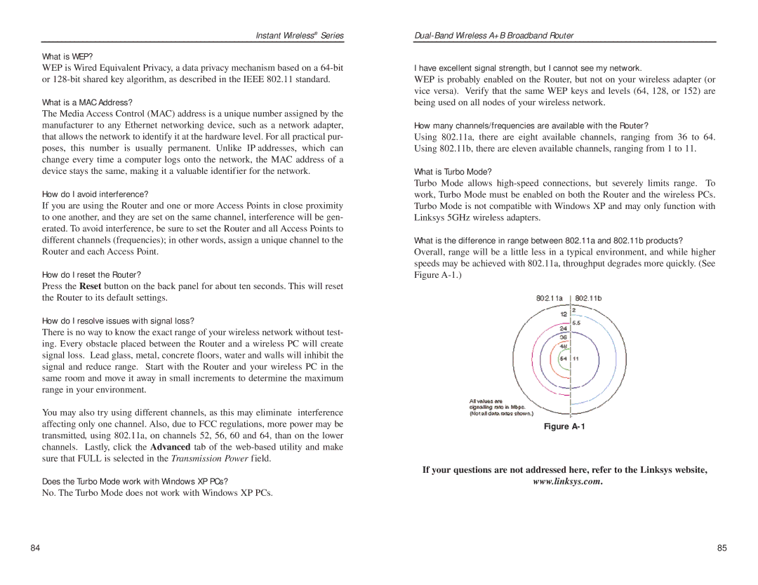 Linksys WRT51AB manual What is WEP?, What is a MAC Address?, How do I avoid interference?, How do I reset the Router? 