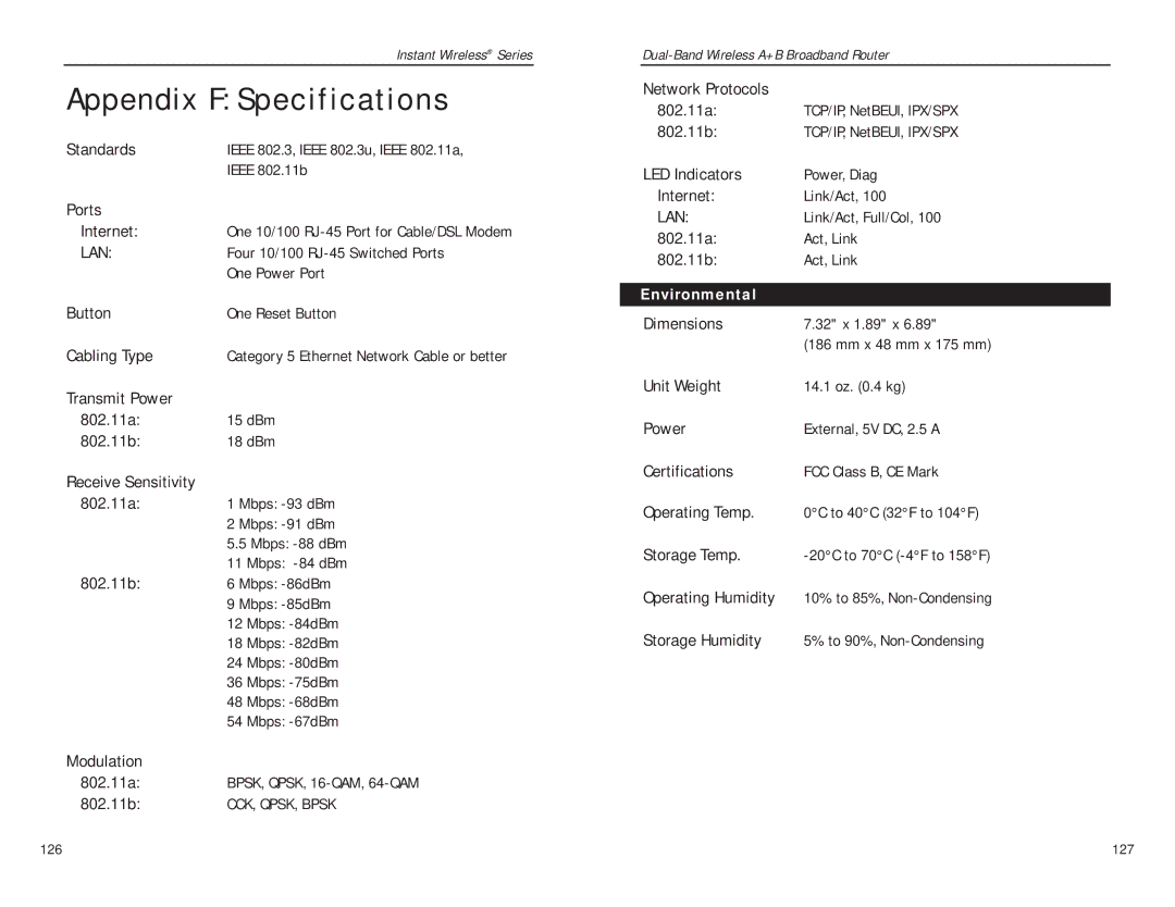 Linksys WRT51AB manual Appendix F Specifications, One 10/100 RJ-45 Port for Cable/DSL Modem, Environmental 