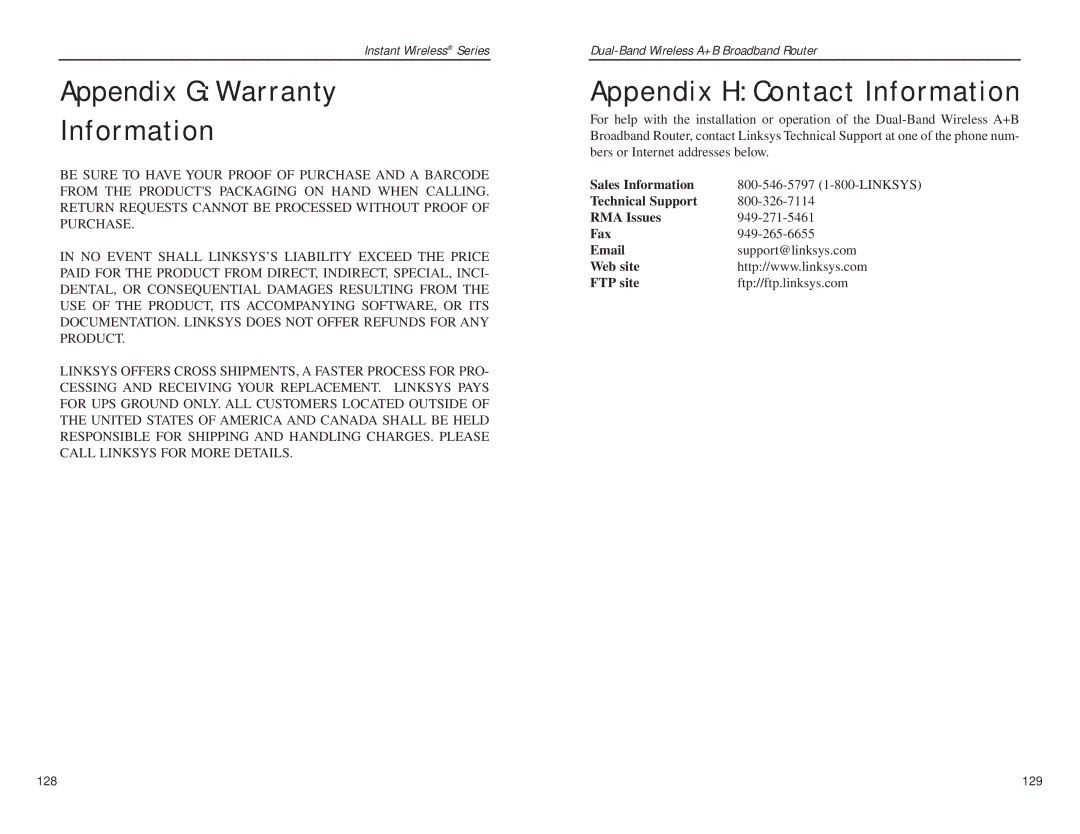 Linksys WRT51AB manual Appendix G Warranty Information, Appendix H Contact Information, Web site FTP site 