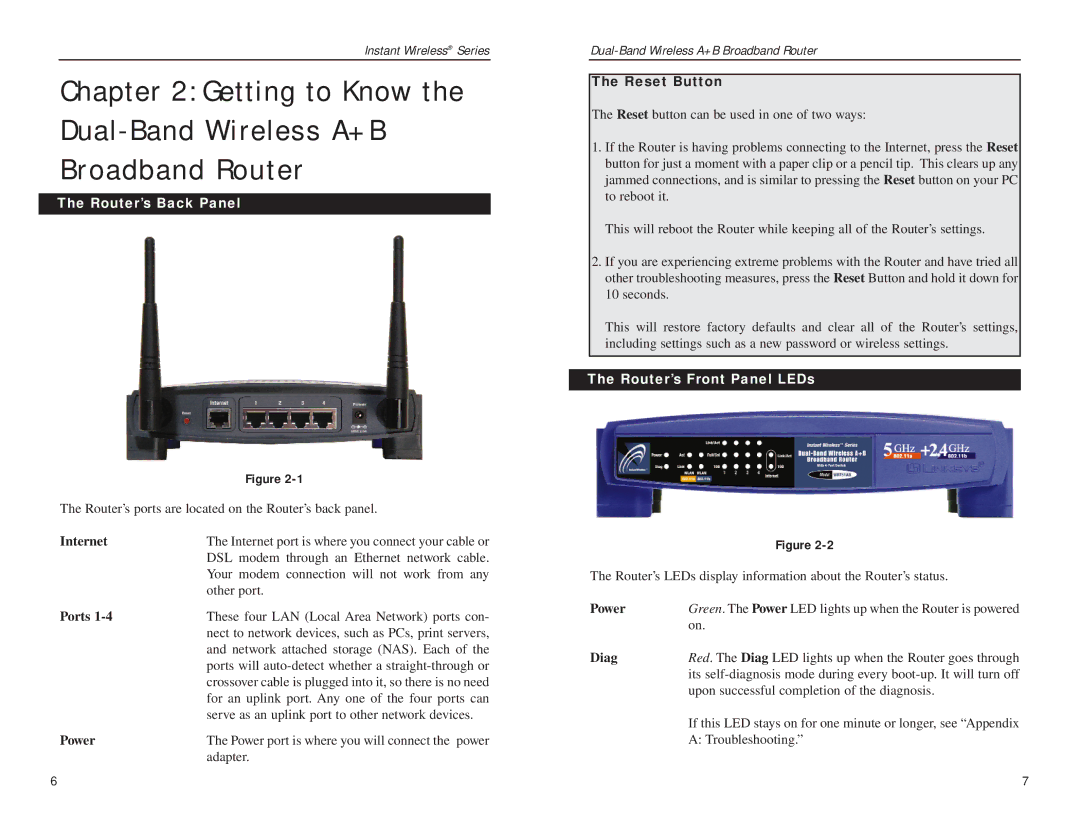 Linksys WRT51AB manual Getting to Know the Dual-Band Wireless A+B Broadband Router, Router’s Back Panel 