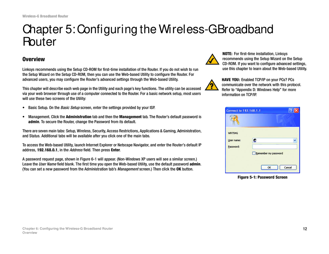 Linksys WRT54G-TM manual Configuring the Wireless-G Broadband Router, Password Screen 