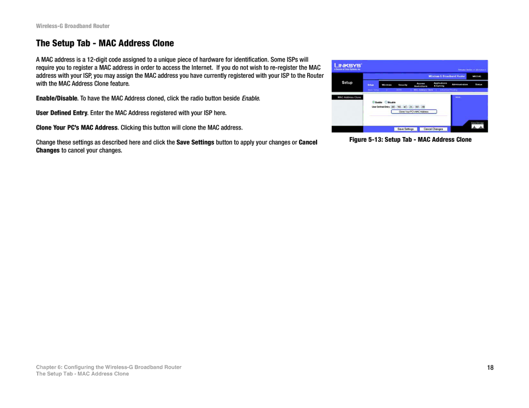 Linksys WRT54G-TM manual Setup Tab MAC Address Clone 