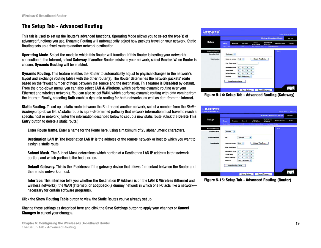 Linksys WRT54G-TM manual Setup Tab Advanced Routing Gateway 